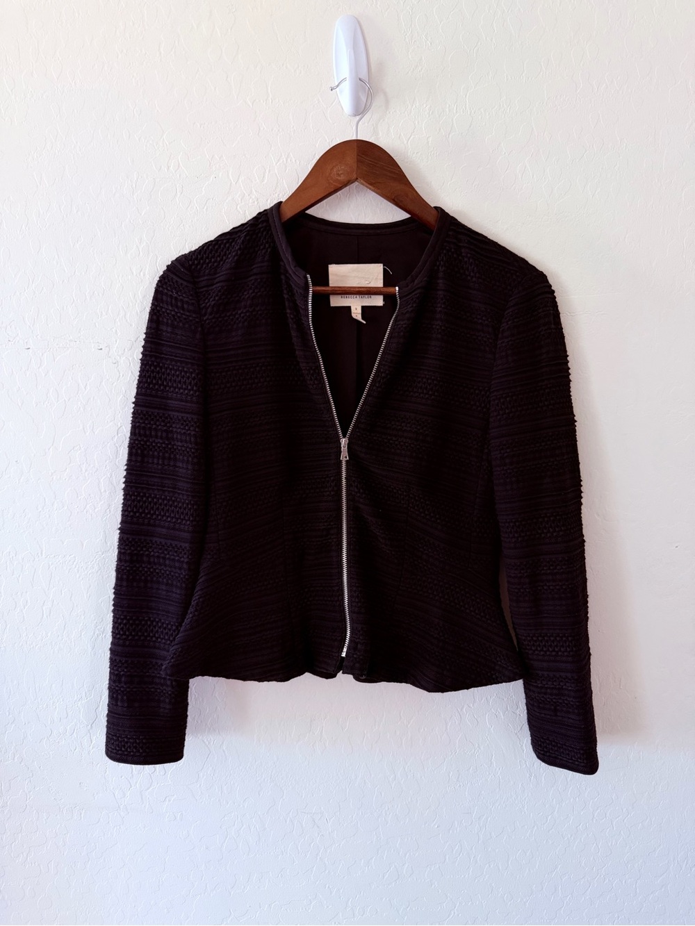 Rebecca Taylor Black Textured‎ Peplum Zip Front Jacket Blazer Size 2
